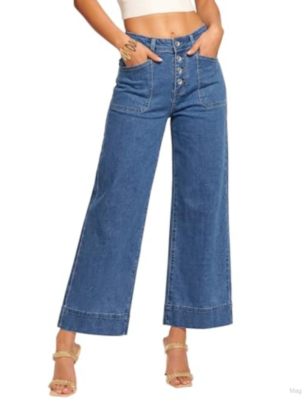 Wide Leg Cropped High Waisted Button Fly Stretchy Denim Jeans